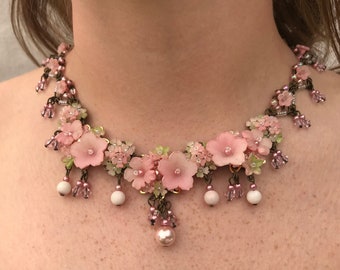 COLLEEN TOLAND Candy Pink Floral Necklace flowers beaded handmade romantic gift womans delicate pretty pearl designer heirloom wedding