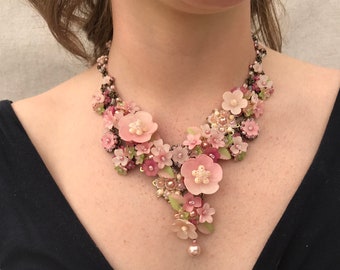 CANDY PINK Statement Necklace Handbeaded by Colleen Toland flower floral romantic jewelry vintage retro