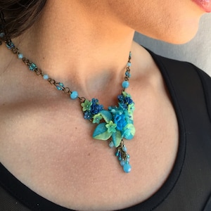 AZURE BLUE PENDANT handbeaded floral necklace by Colleen Toland