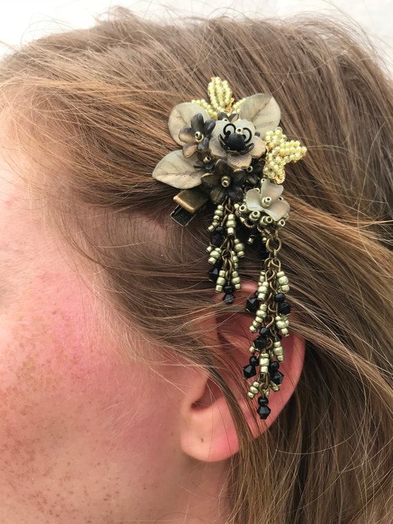 DANGLE HAIR CLIP Antique Gold and Black Handbeaded by Vintage