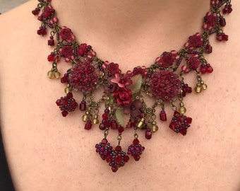 DEEP RED Tea Rose Beaded Necklace with green accents Hand Beaded by Vintage Jewelry Designer Colleen Toland flower floral romantic