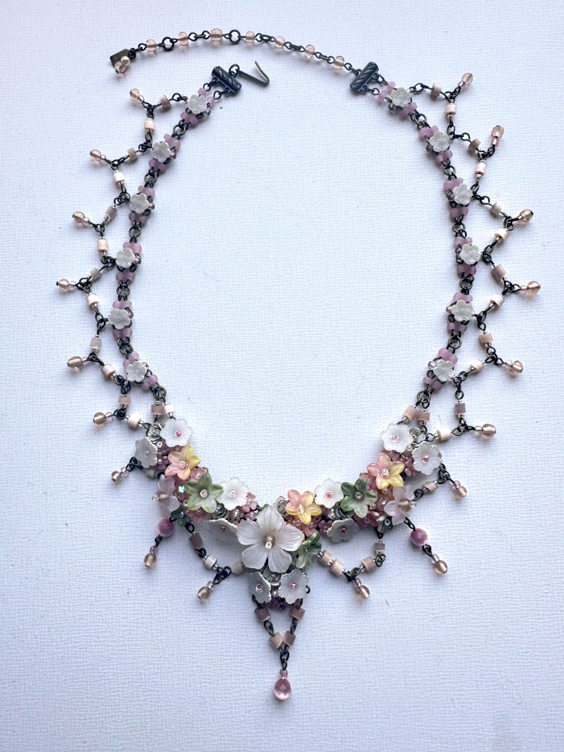 COLLEEN TOLAND Pinkerbell Vintage Necklace Hand Beaded Pink Yellow