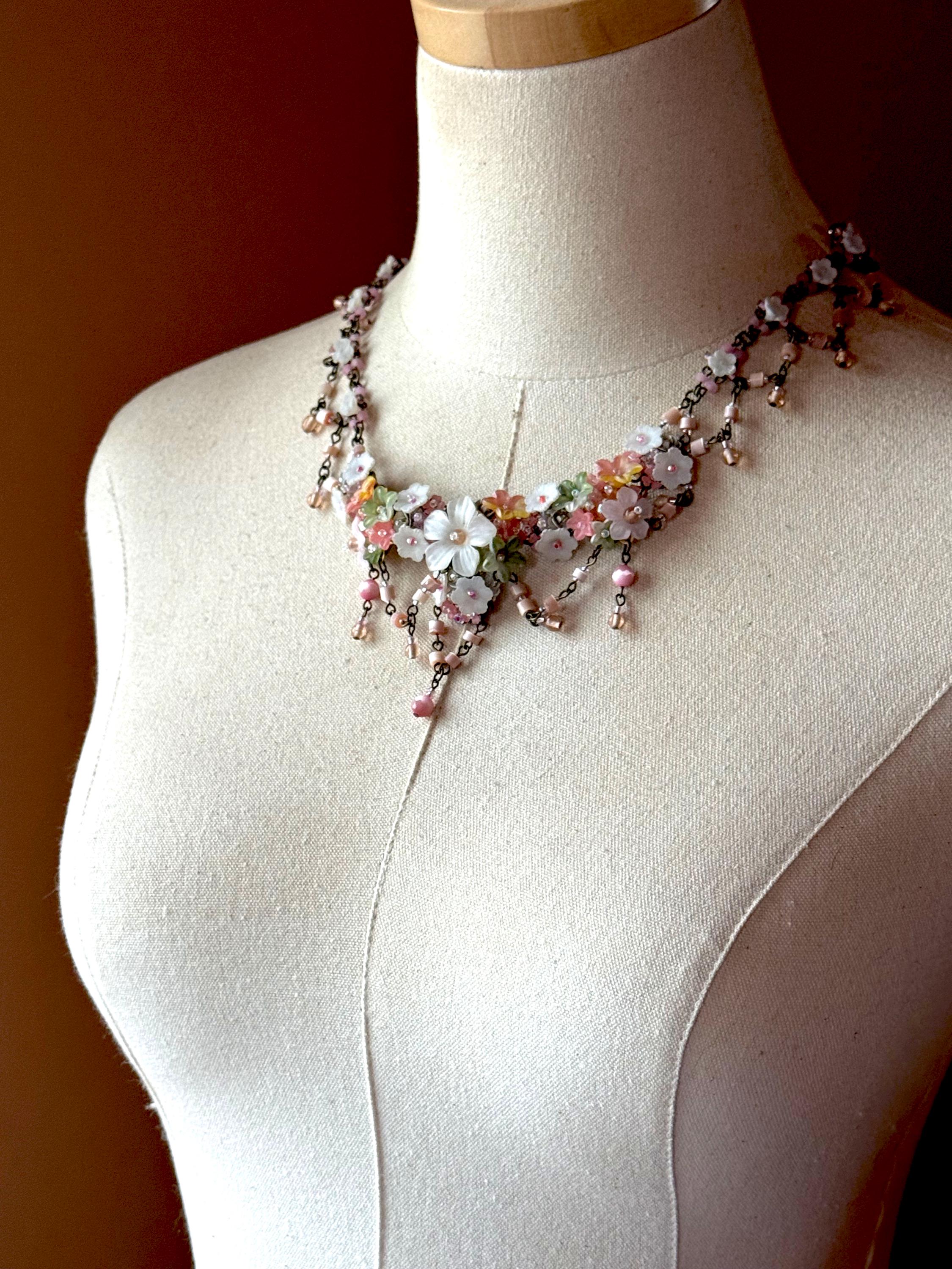 COLLEEN TOLAND Pinkerbell Vintage Necklace Hand Beaded Pink Yellow