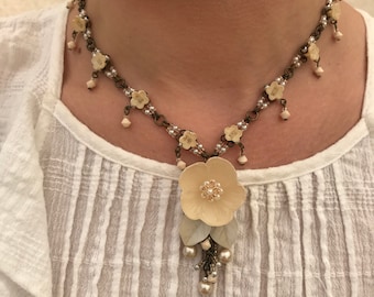 CREAM PENDANT Big Flower Necklace Handbeaded by Vintage Jewelry Designer Colleen Toland