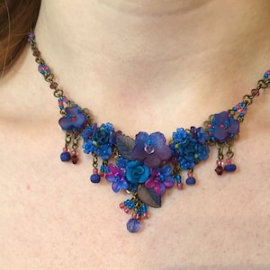 TWILIGHT VEE SHAPED Necklace Handbeaded by Colleen Toland blue fuchsia turquoise rose floral flower romantic jewelry