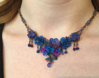 TWILIGHT VEE SHAPED Necklace Handbeaded by Colleen Toland blue fuchsia turquoise rose floral flower romantic jewelry