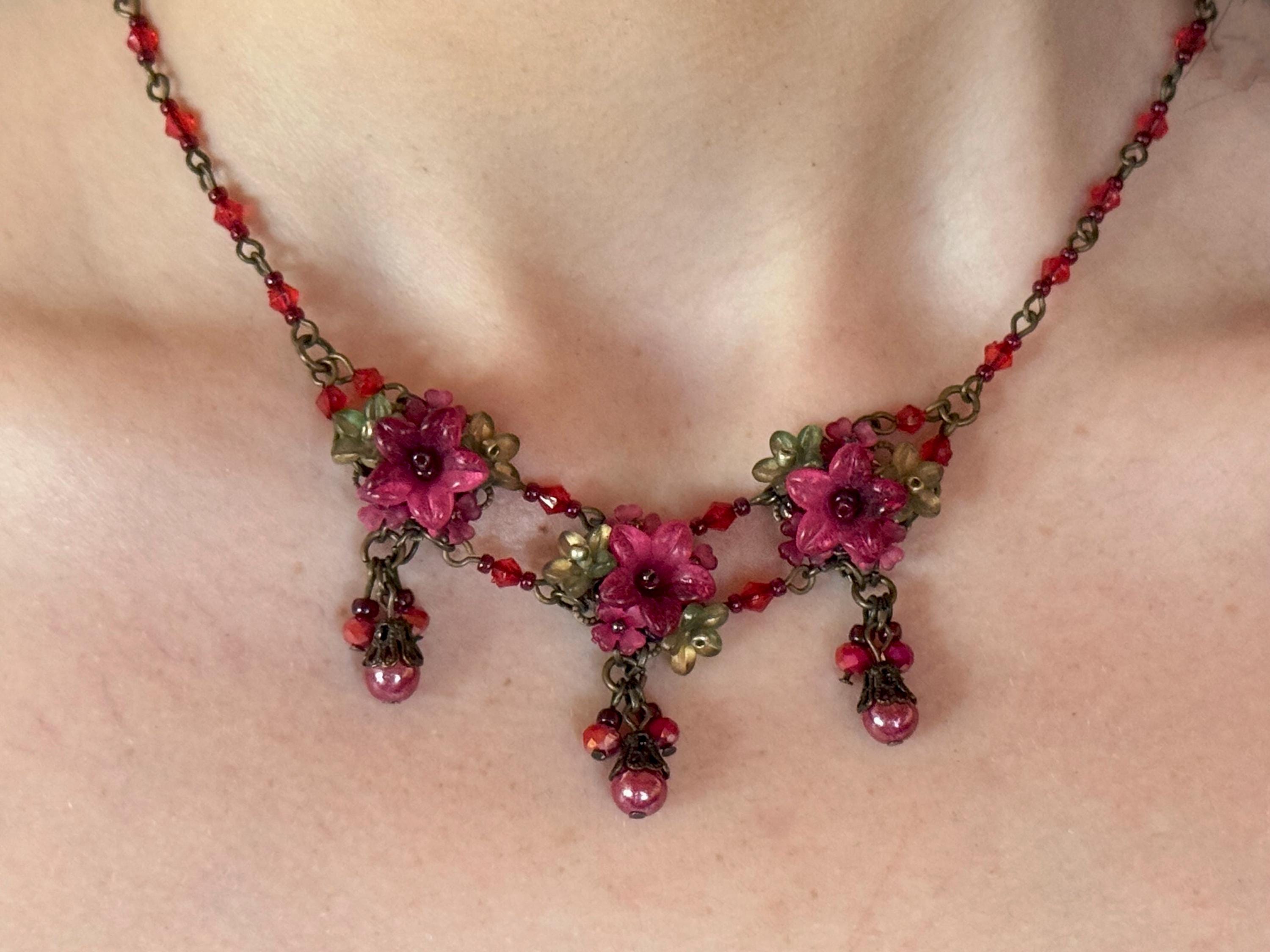 Colleen Toland Tea Rose Tri Flower Red Flower Necklace Handmade