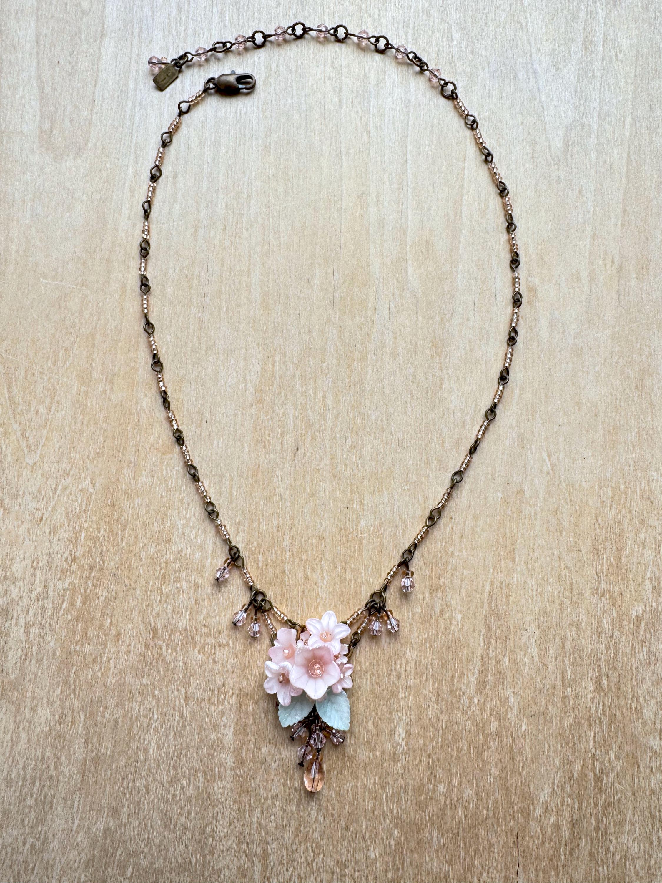 66訳ありColleen Tolandフラワーモチーフ ネックレス ピンク COLLEEN TOLAND Fairy Pink Trumpet Pendant Necklace Beaded Glass