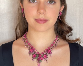 Colleen Toland Carmine Fuchsia Flower Lace Handbeaded Necklace