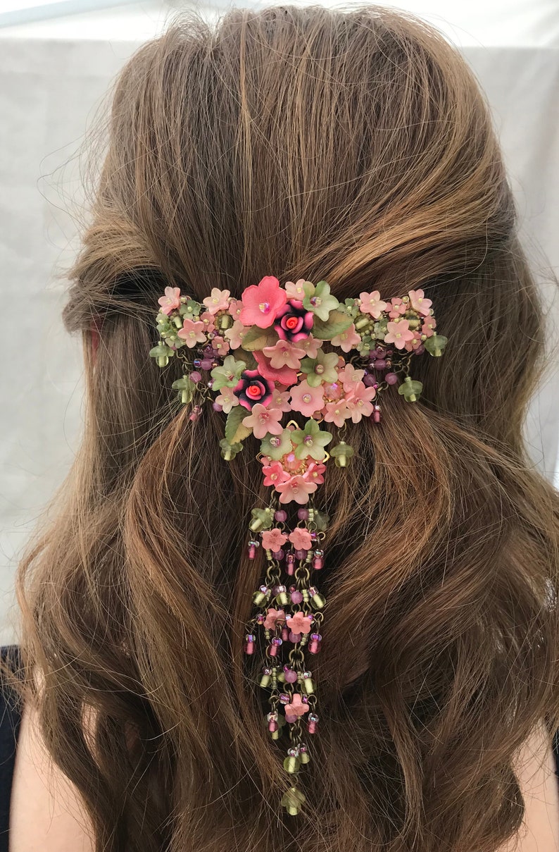 Georgeous Long Hanging Pink Floral Barrette by Vintage Jewelry Designer Colleen Toland image 4