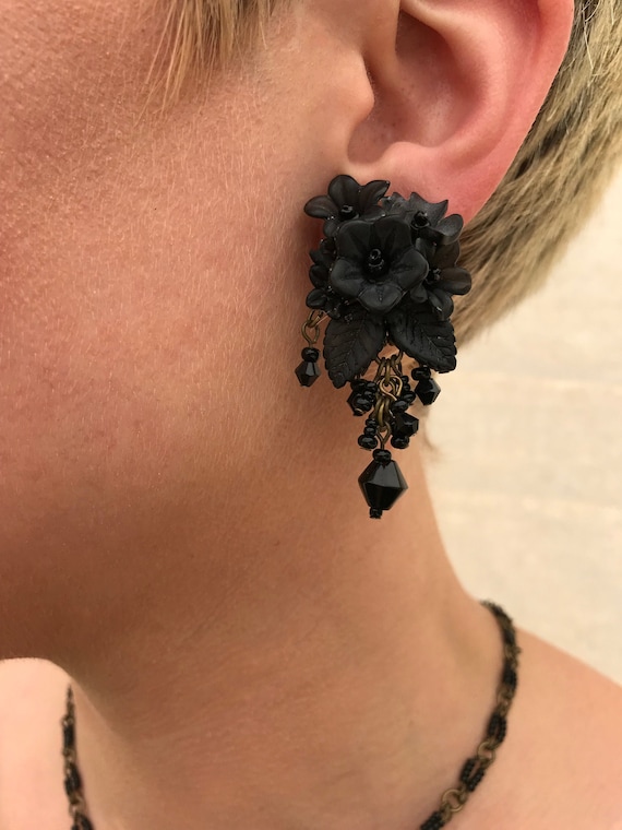 BLACK BEADED Drop EARRINGS Handbeaded by Vintage Jewelry Designer