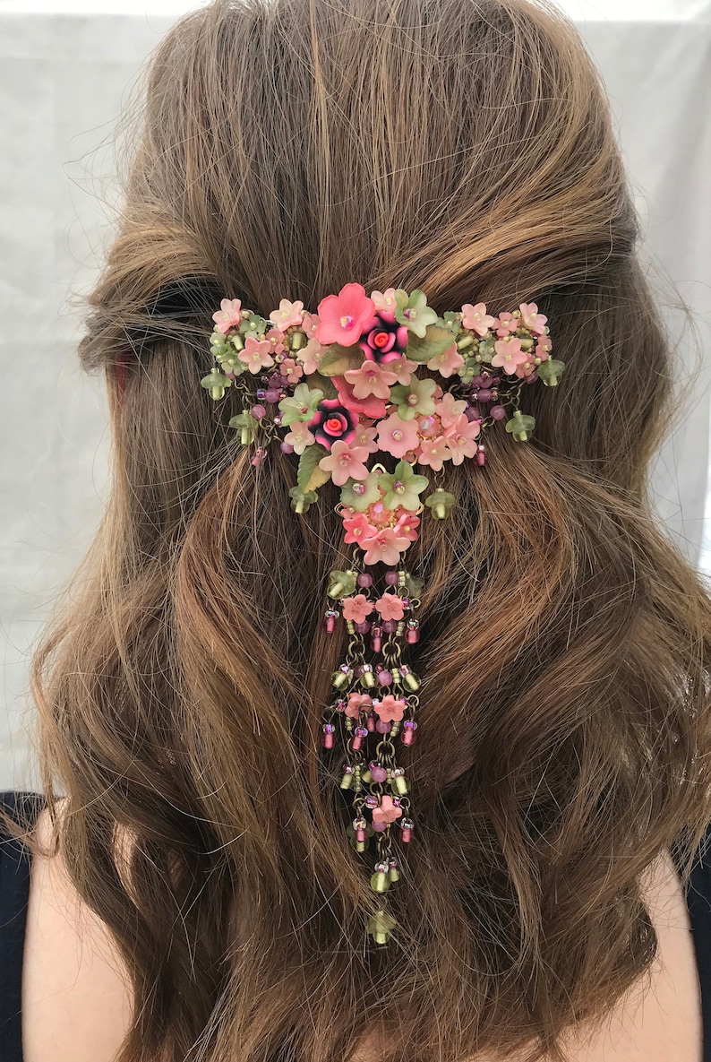 Georgeous Long Hanging Pink Floral Barrette by Vintage Jewelry Designer Colleen Toland image 1