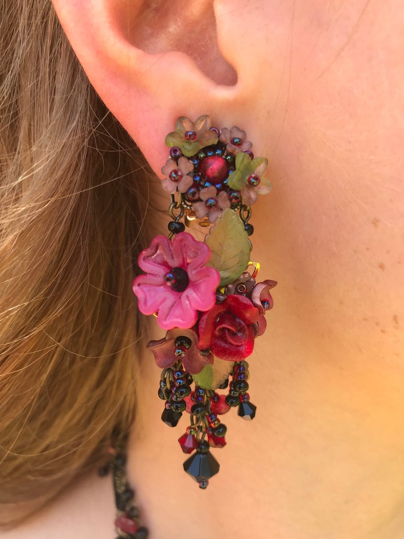 Deep Red Tango Chandelier Earrings/Flowers/Handbeaded/Created by Vintage Jewelry Designer Colleen Toland image 1