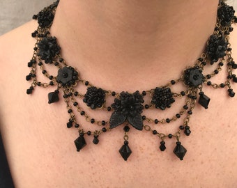 Black LACE Beaded Necklace in Black Beauty by Vintage Jewelry Designer Colleen Toland