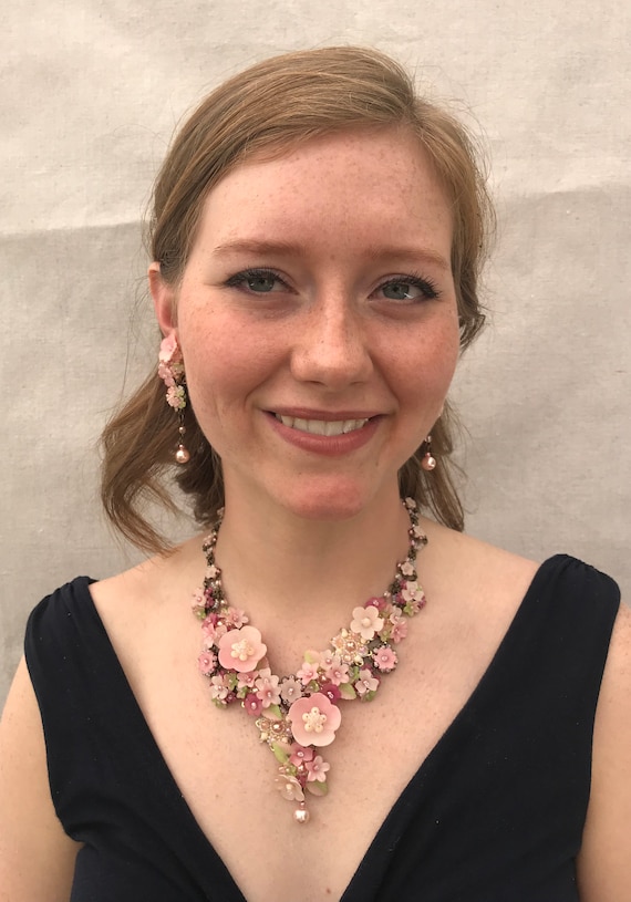 CANDY PINK Statement Necklace Handbeaded by Colleen Toland Flower