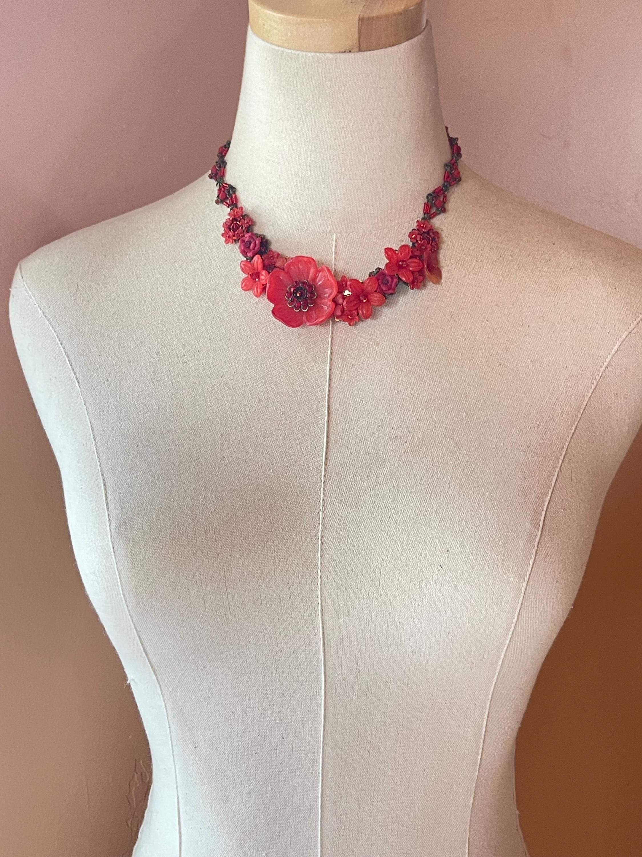 Colleen Toland RED Poppy Necklace Handmade Flower Floral Beaded