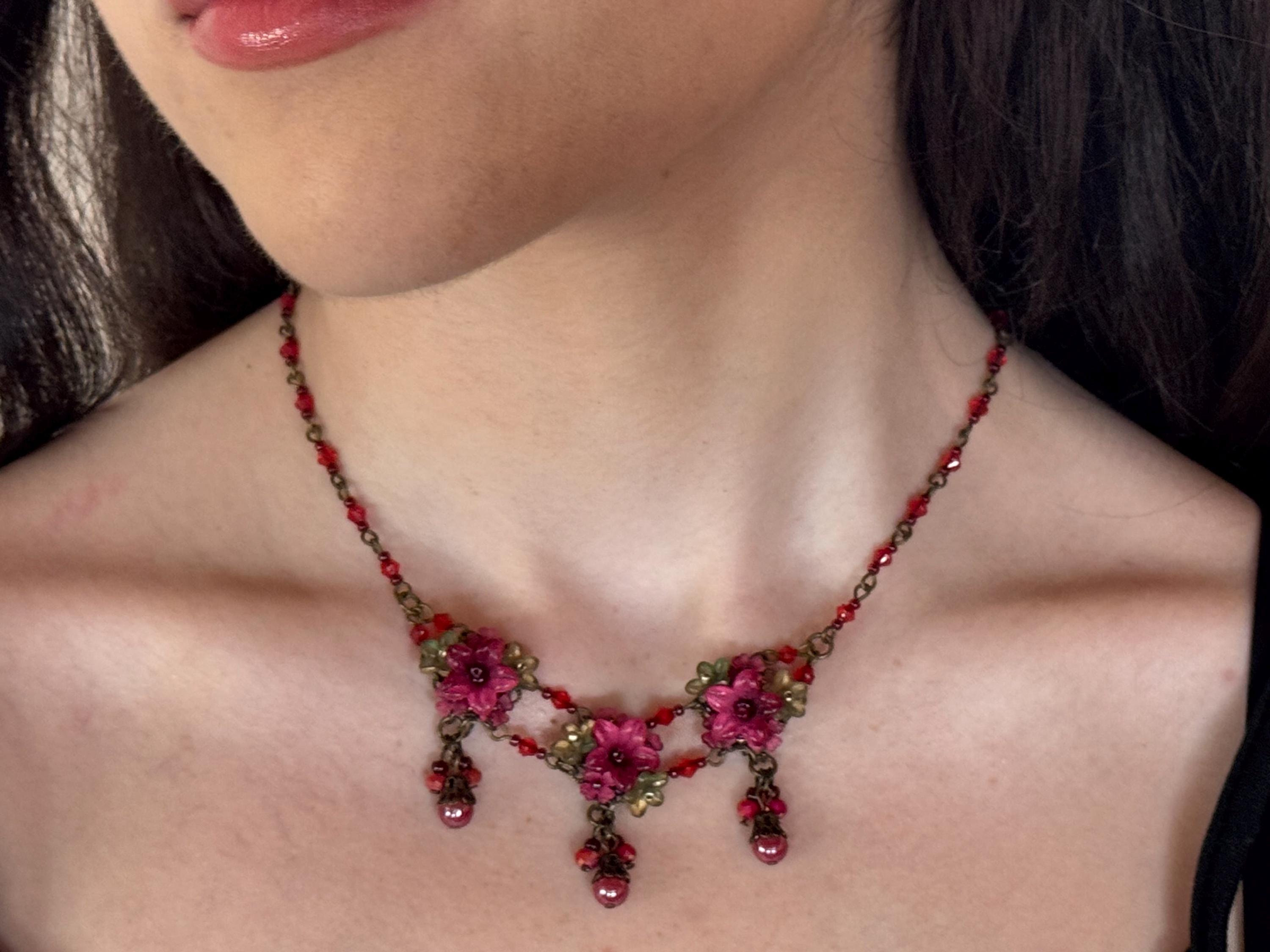 Colleen Toland Tea Rose Tri Flower Red Flower Necklace Handmade