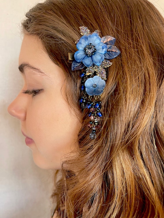 Colleen Toland Navy Blue Pansy Flower Hair Clip, Handbeaded  display picture 3