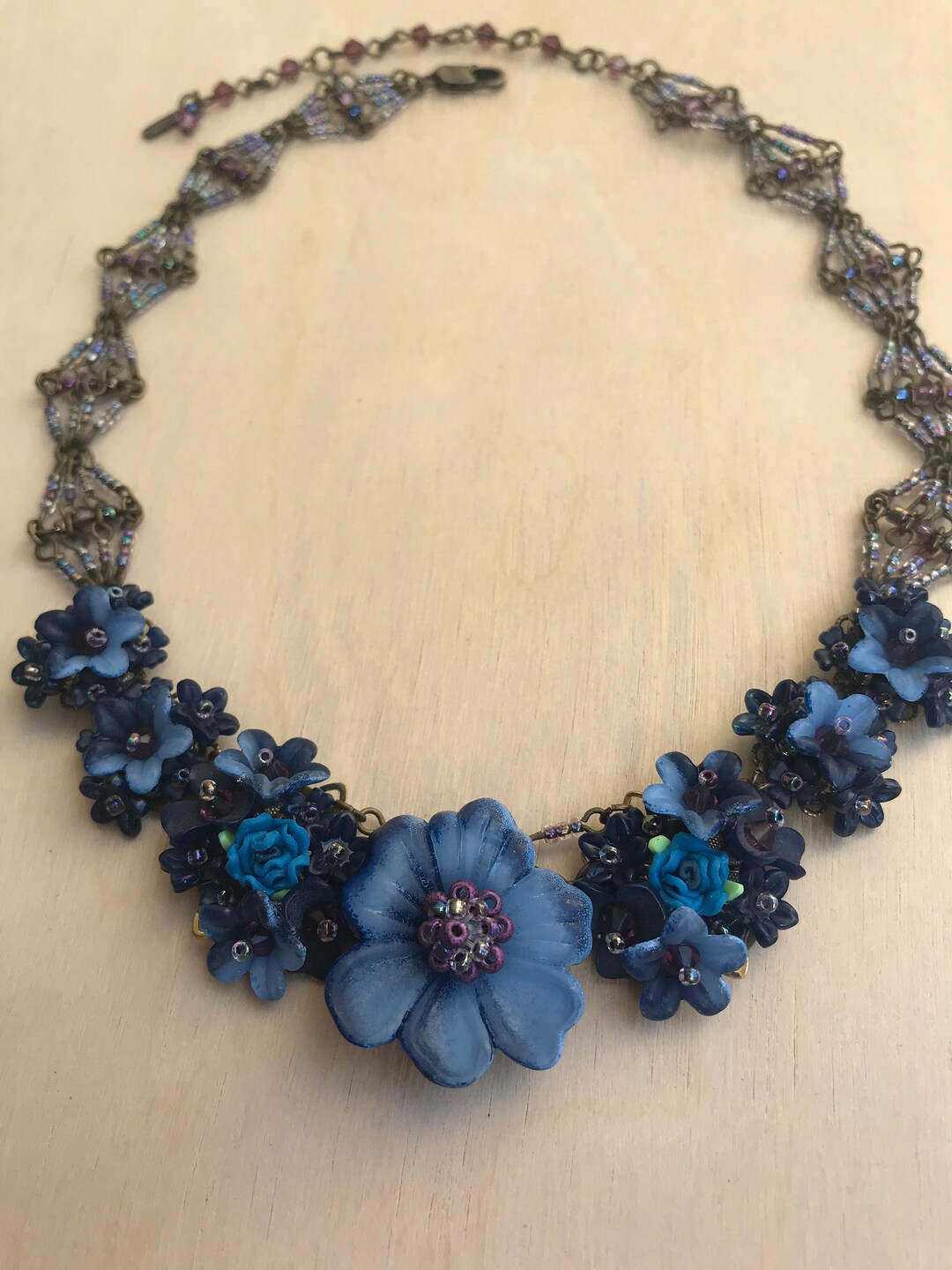 Navy Blue Flower Handbeaded Necklace Designed by Vintage Jewelry