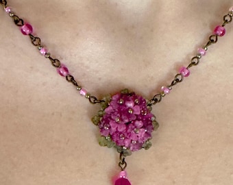 COLLEEN TOLAND Tea Rose Hydrangea Pendant Necklace handmade romantic dainty flowers floral nostalgic bridesmaid prom