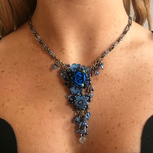 NAVY Beaded Vee Neck, BLUE ROSE Necklace Designed by CoLLEEN ToLAND