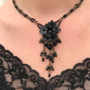 BLACK FLOWER PENDANT Handbeaded by Vintage Jewelry Designer Colleen Toland image 1