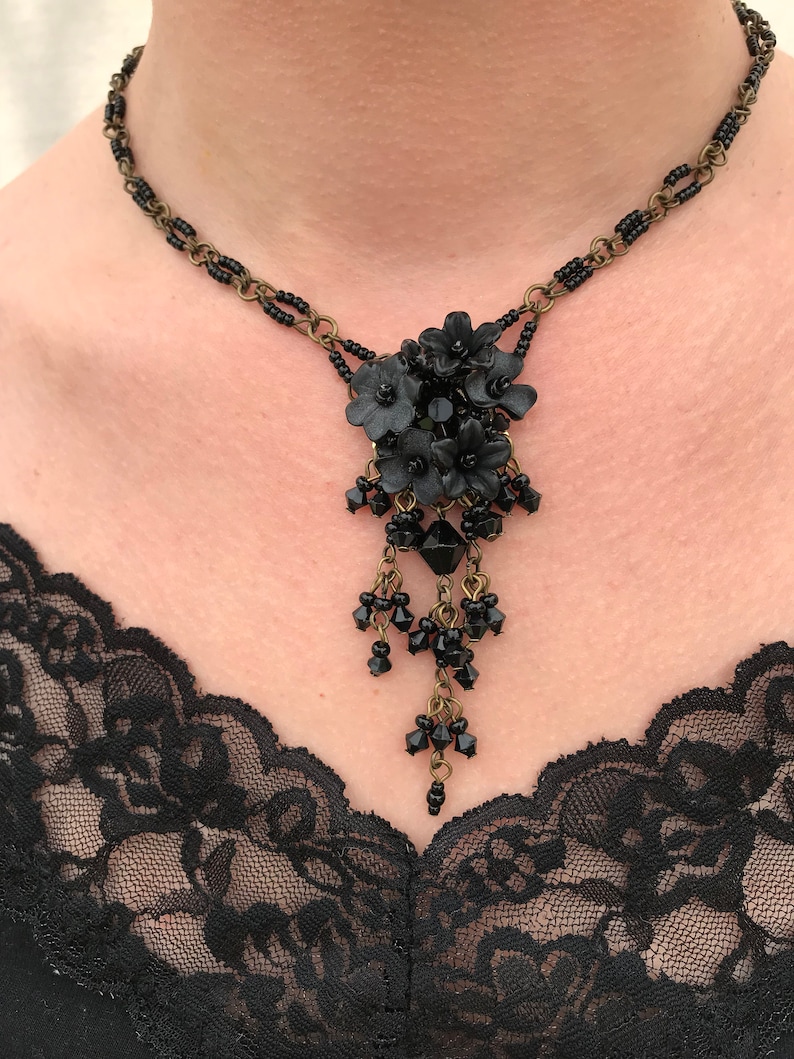 BLACK FLOWER PENDANT Handbeaded by Vintage Jewelry Designer Colleen Toland image 1