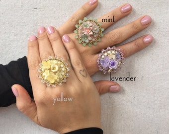 ROUND COCKTAIL ring Colleen Toland Handmade Floral beaded flowers womans dainty statement purple yellow adjustable designer