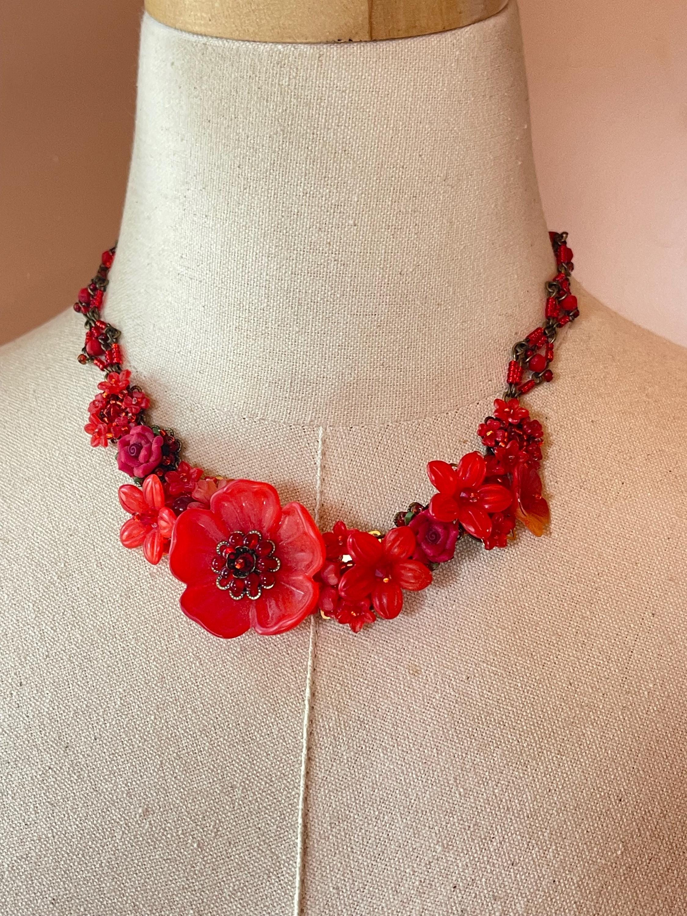 Colleen Toland RED Poppy Necklace Handmade Flower Floral Beaded