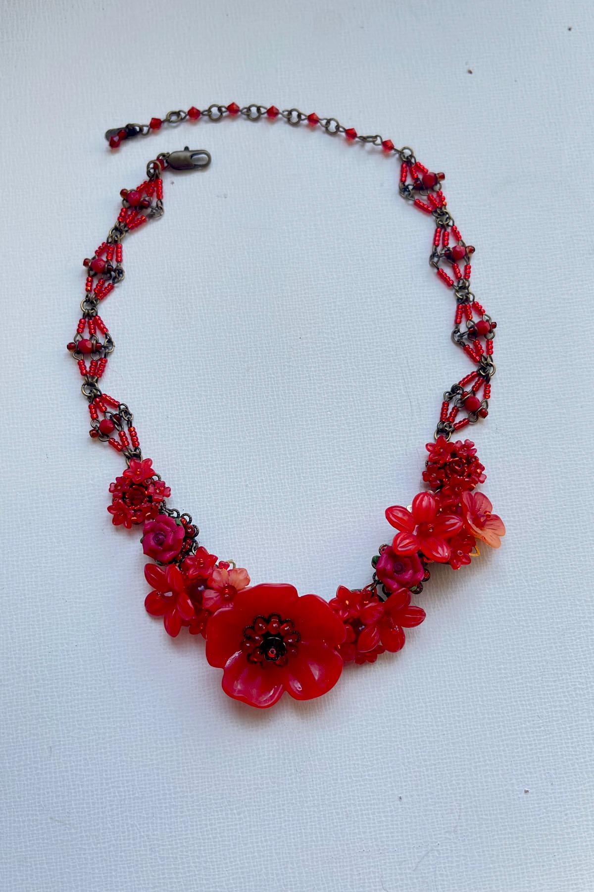 Colleen Toland RED Poppy Necklace Handmade Flower Floral Beaded