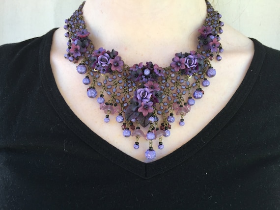 DEEP PURPLE DRAMATIC Statement Necklace Handbeaded by Colleen