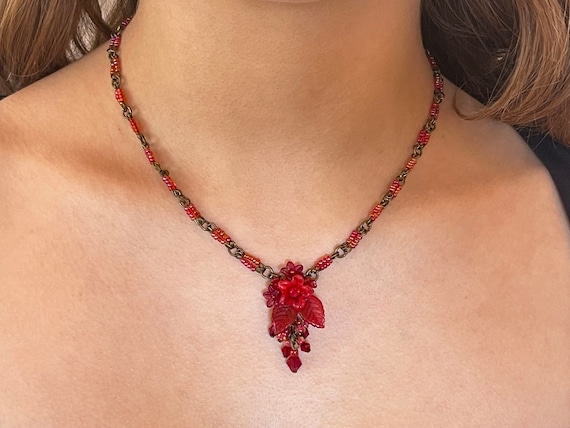 Colleen Toland Rose Red Flower Pendant Beaded Necklace handmade jewellery romantic jewelery floral beadwork vintage style