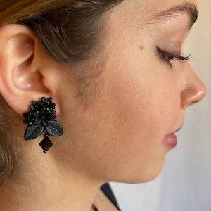 Colleen Toland Black Drop Earrings with Leaves flowers floral vintage jewelry dangle post clip romantic red carpet evening event designer