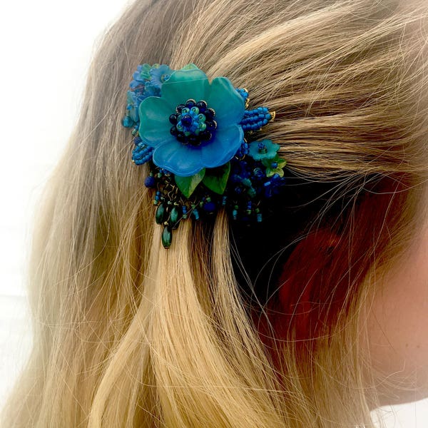 PEACOCK BLUE HAIRCLIP Handbeaded by Colleen Toland