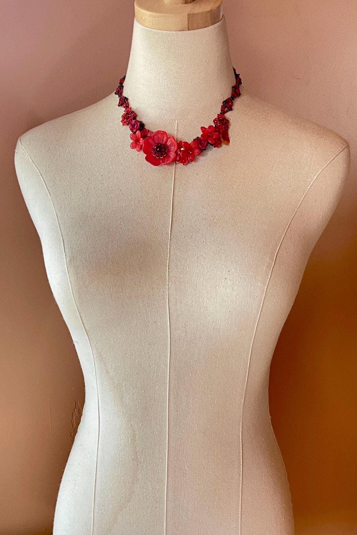 260534◎COLLEEN TOLAND◎赤いネックレス Colleen Toland RED Poppy Necklace Handmade Flower Floral Beaded