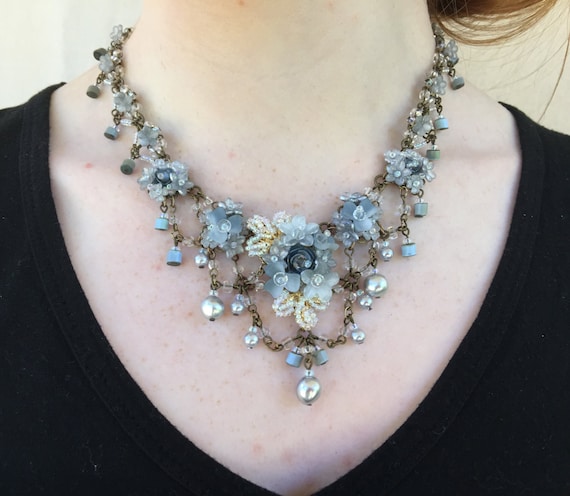 FRENCH GREY STATEMENT Necklace Handbeaded Vintage Style by