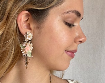 Colleen Toland Pink Flower Rose Chandelier Earring romantic handmade womans jewelry dangle drop bridal wedding designer beaded