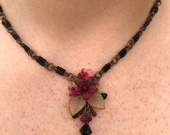 RED and BLACK Tango pendant NECKLACE/ Tea Rose Tango necklace/Hand beaded by Vintage Jewelry Designer Colleen Toland