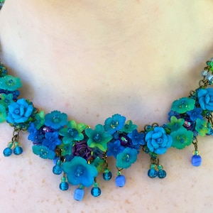 BRIGHT BLUE MONET lilies necklace, handbeaded by Designer Colleen Toland