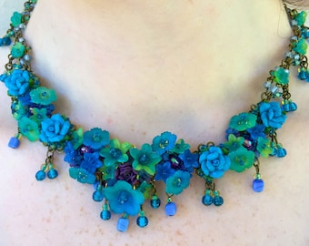 BRIGHT BLUE MONET lilies necklace, handbeaded by Designer Colleen Toland