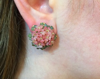 HANDBEADED COLLEEN TOLAND Small Pink Posey Button Earrings