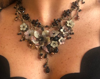 COPPER with black and beige Pretty Bib Necklace by Vintage Jewelry Designer COLLEEN TOLAND