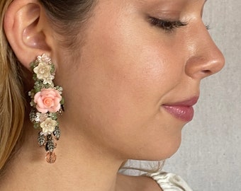 Colleen Toland Pink Rose Dangle Drop Chandelier Earrings beaded romantic womans handmade jewelry wedding bridal