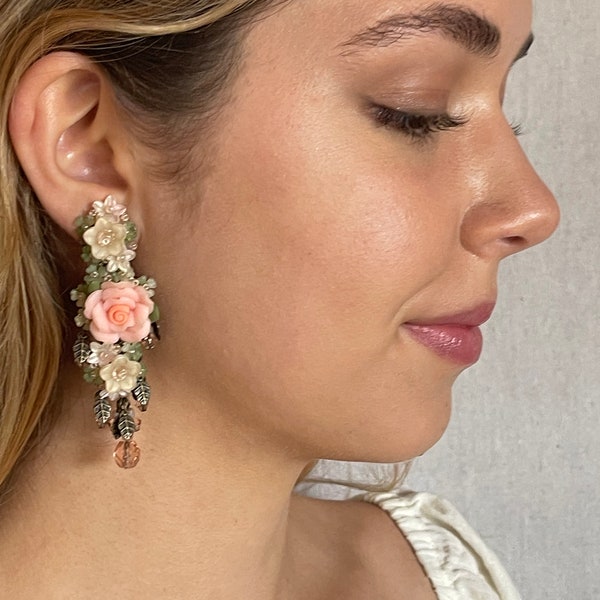 Colleen Toland Pink Rose Dangle Drop Chandelier Earrings beaded romantic womans handmade jewelry wedding bridal