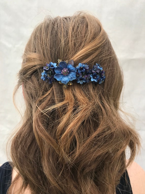 1500円 ブルー系バレッタ金具6cm ヘアアクセサリー 本物花プリザーブド コリーン・トーランド ネイビーブルー フラワーバレッタ ブルー