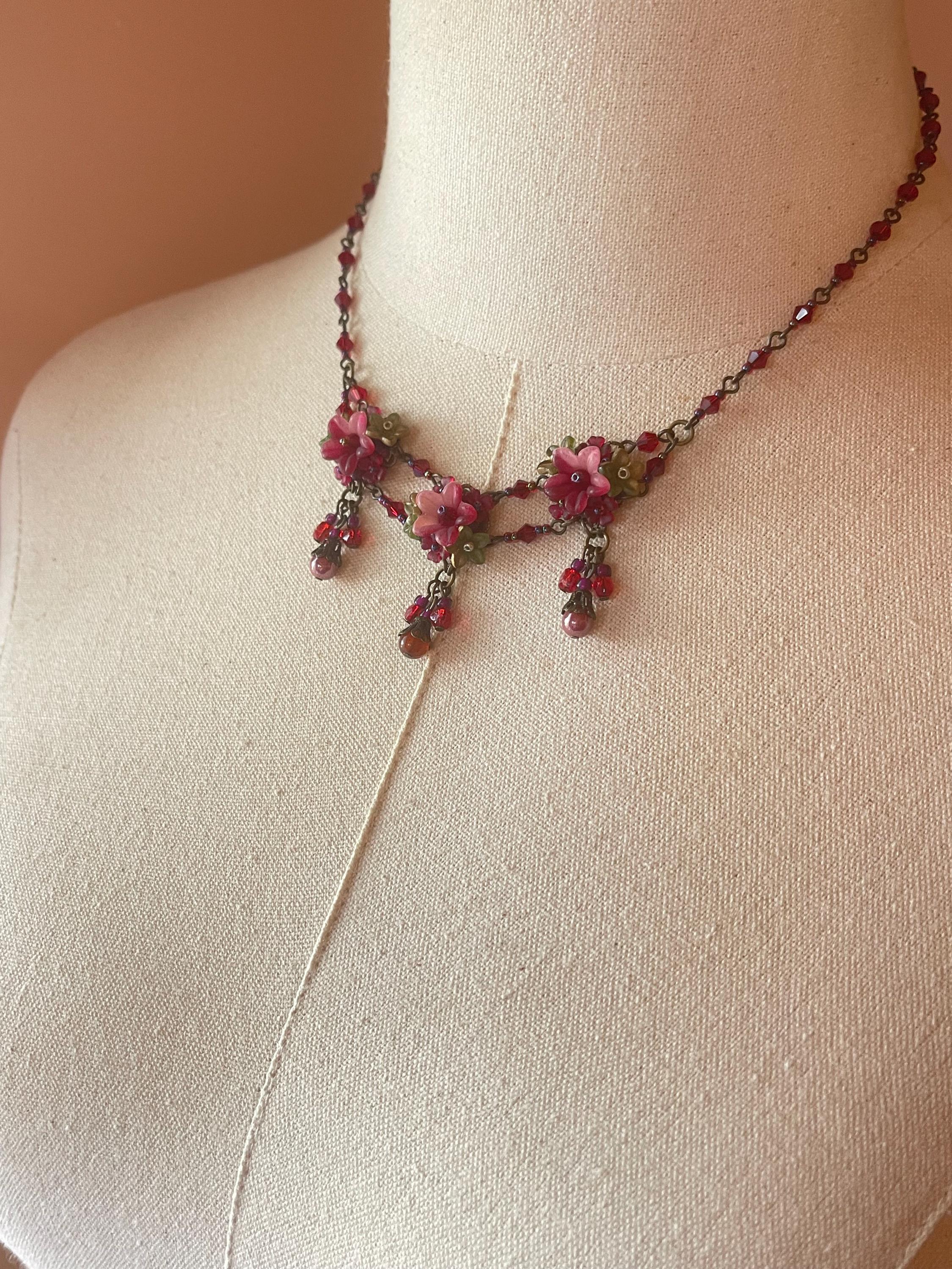 Colleen Toland Tea Rose Tri Flower Red Flower Necklace Handmade