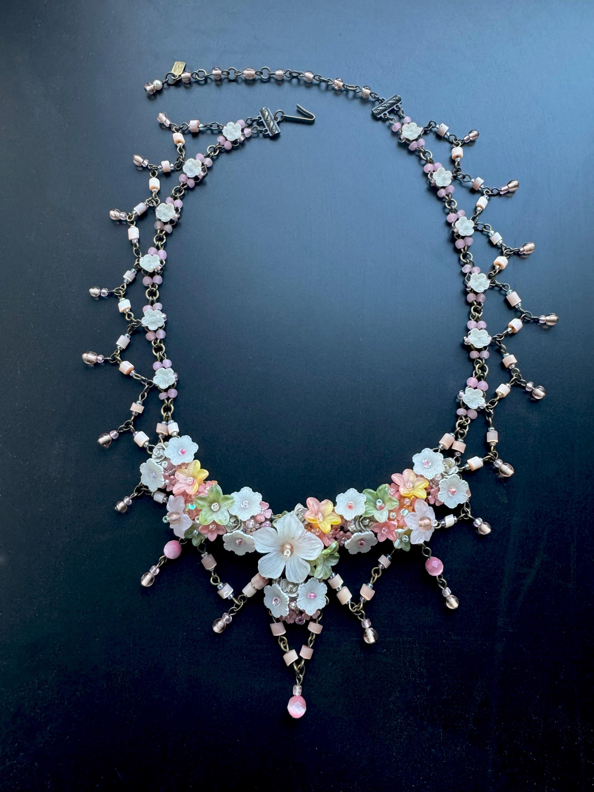 COLLEEN TOLAND Pinkerbell Vintage Necklace Hand Beaded Pink Yellow