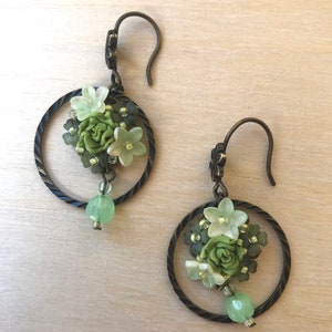 Pistachio Ring Earring with Flower drop in Green by Vintage Jewelry Designer Colleen Toland