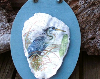 Beach wall decor,oyster shell held by driftwood wall hanging, Beach wall decor, blue heron painting