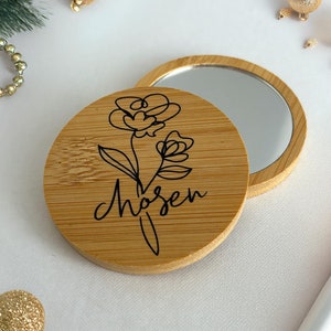 Personalized Wooden Pocket Mirror: Hand-Drawn Flower Design, Custom Name